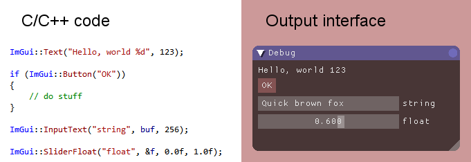 screenshot of sample code alongside its output with ImGui