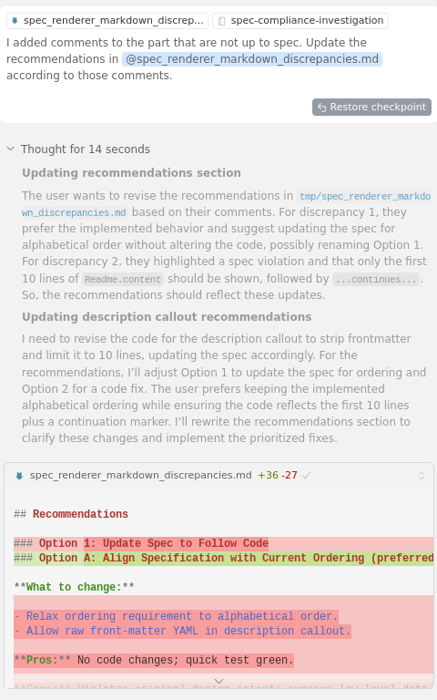 Thoughts of the agent after i updated the comments. It always feels good to read that i was understood^[yaya .. i know. Antropomorphing an AI.] by the machine.